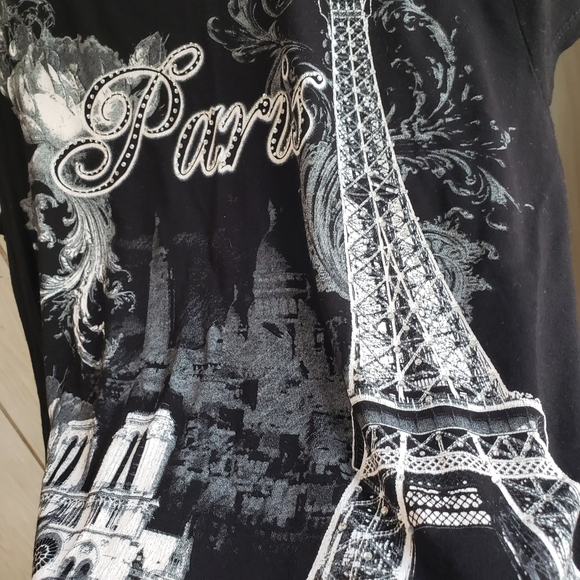 Vintage Hello Paris Embellished Rhinestone Black Top Eiffel Tower Y2K Blouse - Picture 7 of 7